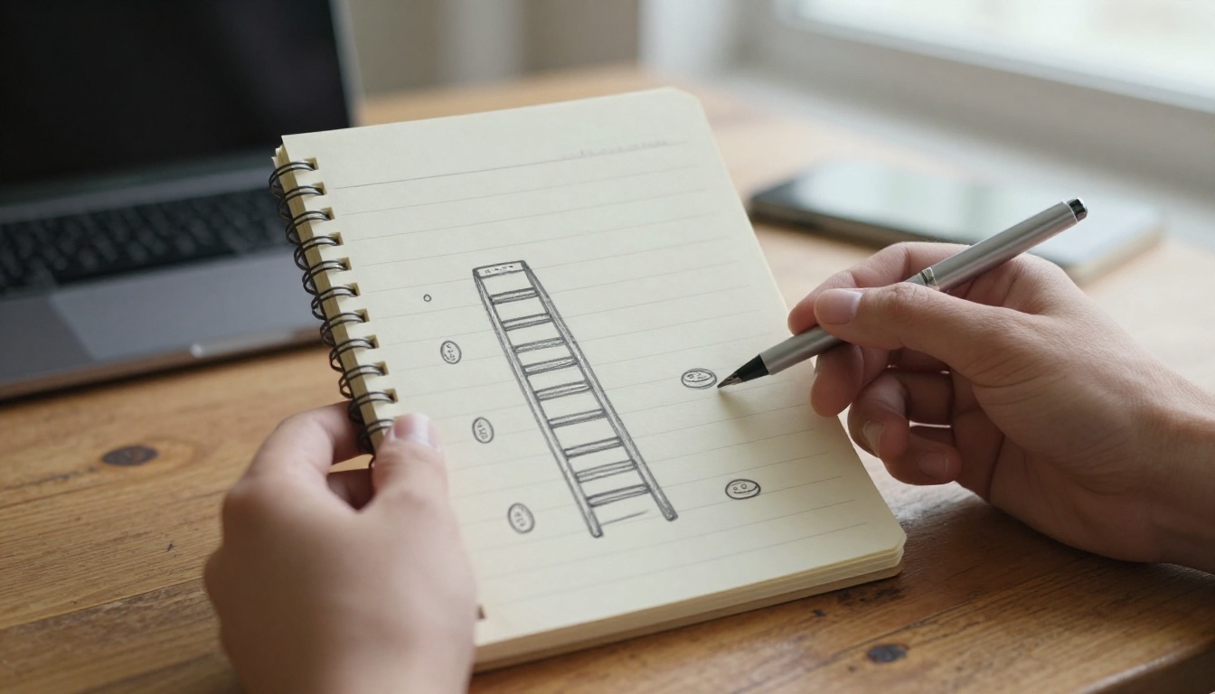 A hand-drawn pricing ladder with three steps sketched in a notebook