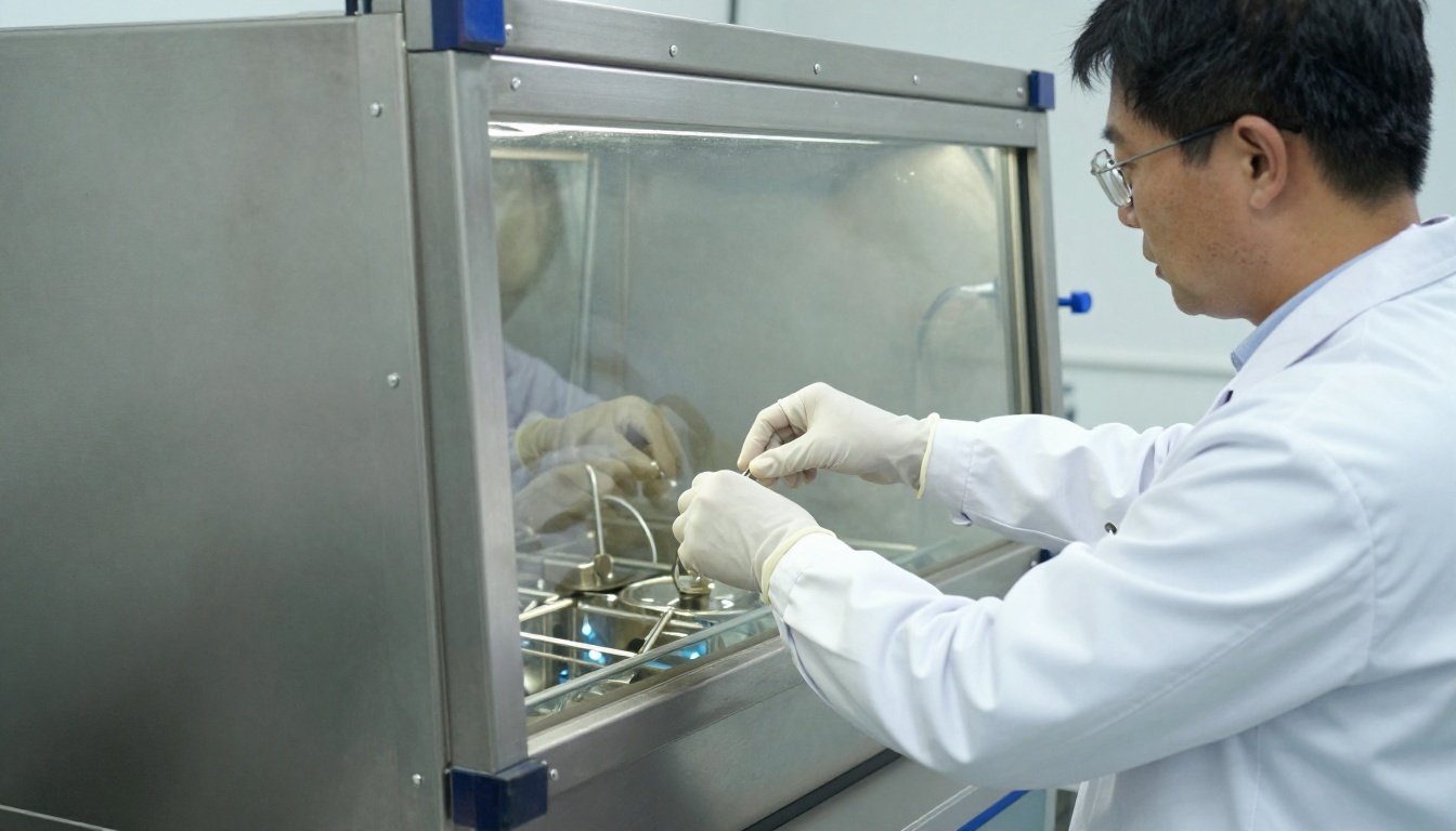 Scientist in a lab coat handling parts through the gloves of a sealed steel glovebox