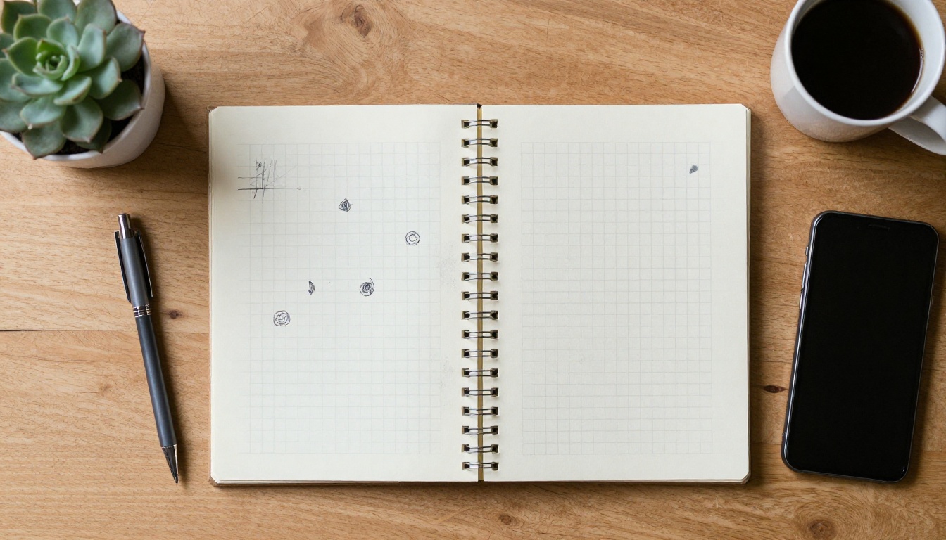 Top-down view of a notebook with hand-drawn grid lines beside a coffee cup