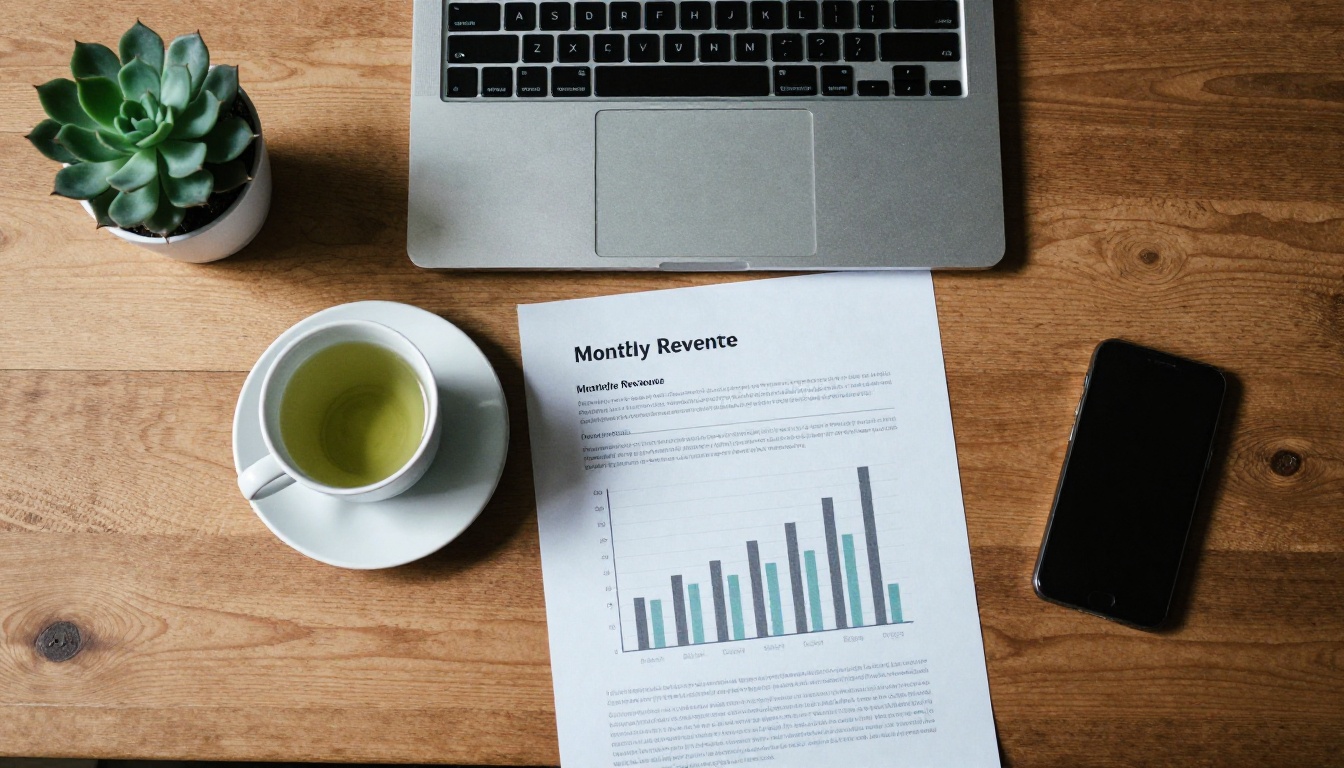 Overhead view of a freelancer reviewing a printed revenue report beside a laptop