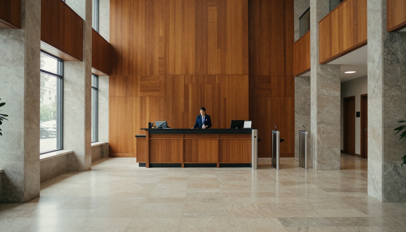 Symmetrical office lobby with one reception desk and a single security turnstile