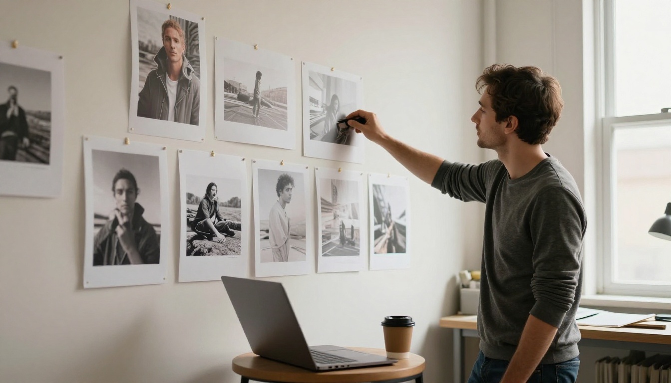 Photographer reviewing printed photographs pinned to a wall in a bright studio