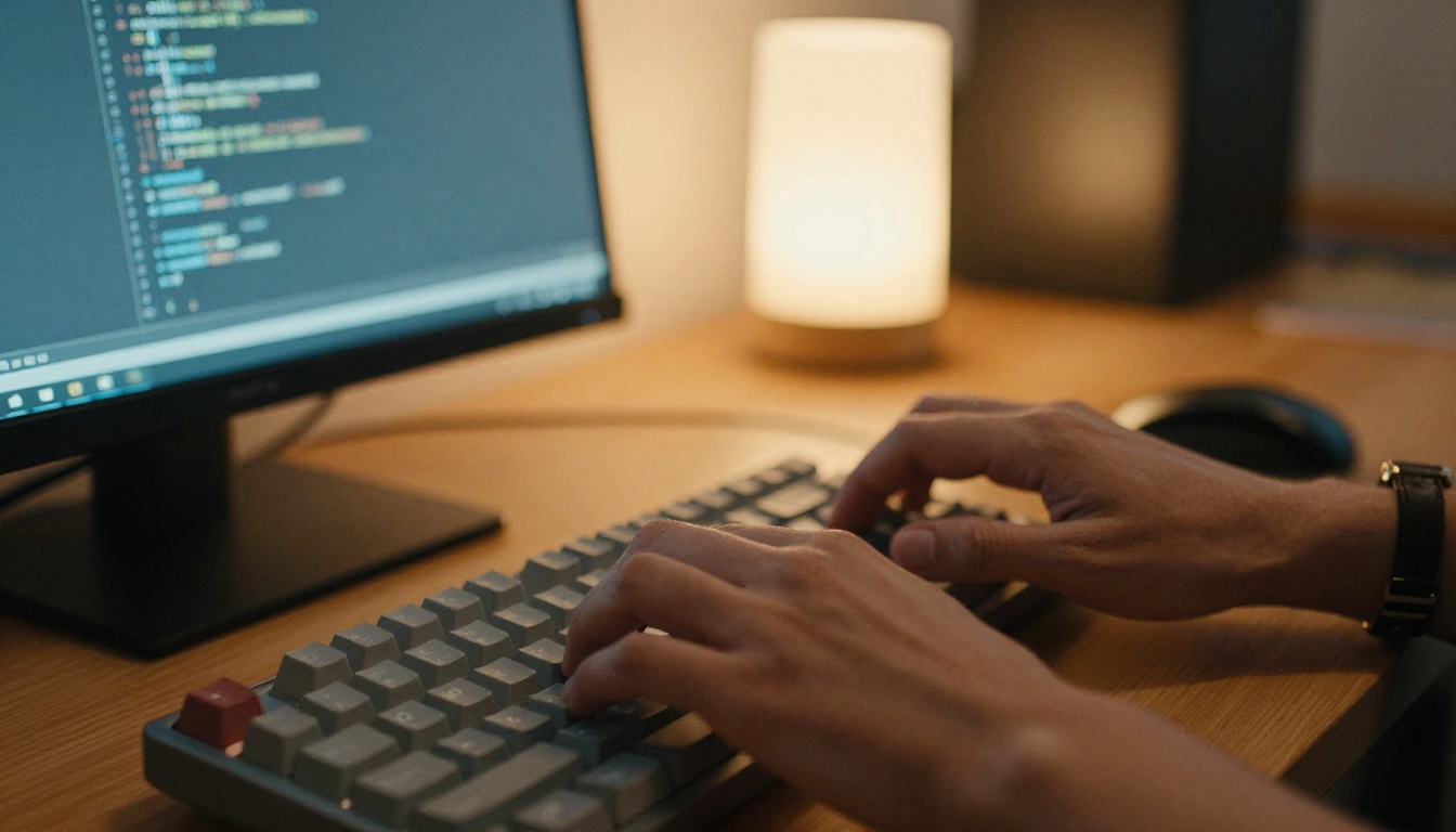 Close-up of a developer's hands typing on a mechanical keyboard in a home office at dusk