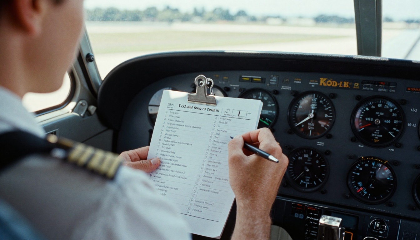 A pilot's hand ticking items on a paper checklist inside a small cockpit