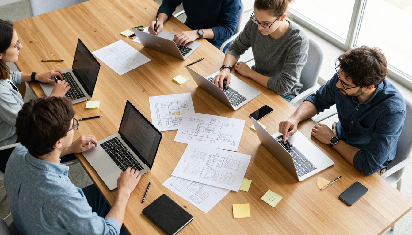 Four colleagues around an oak table with laptops, printed diagrams and sticky notes
