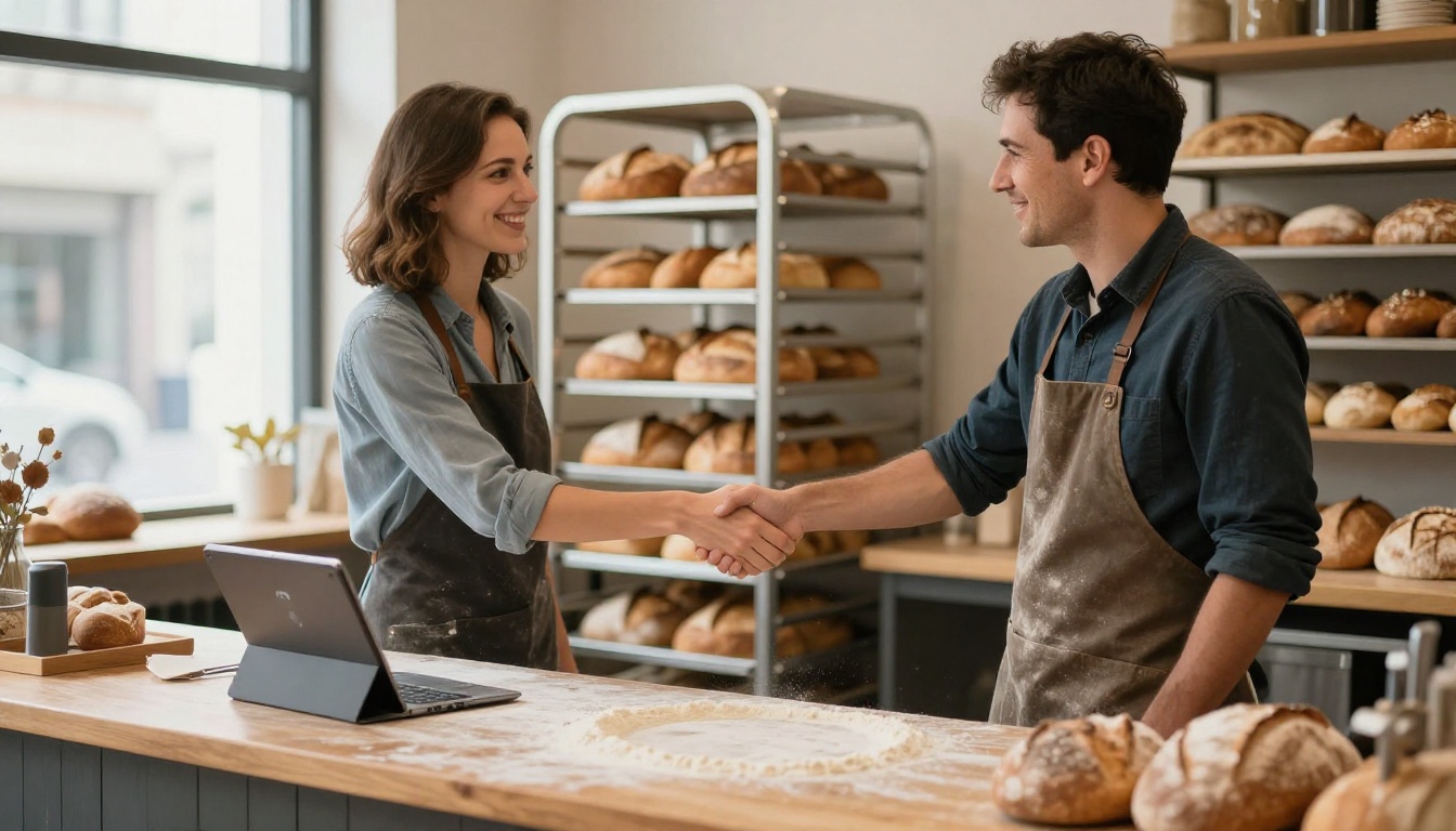 A consultant shaking hands with a bakery owner across a flour-dusted counter