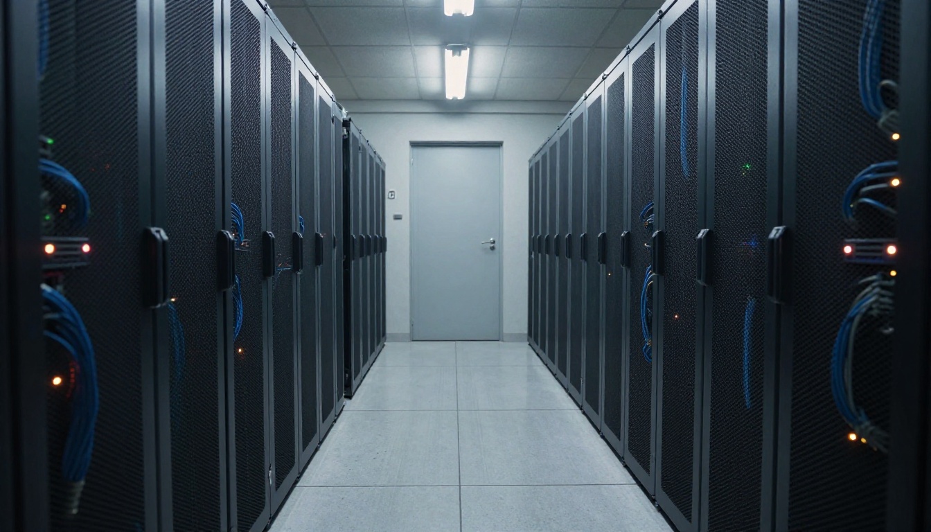 Low-angle view down a cold aisle between two rows of black server racks