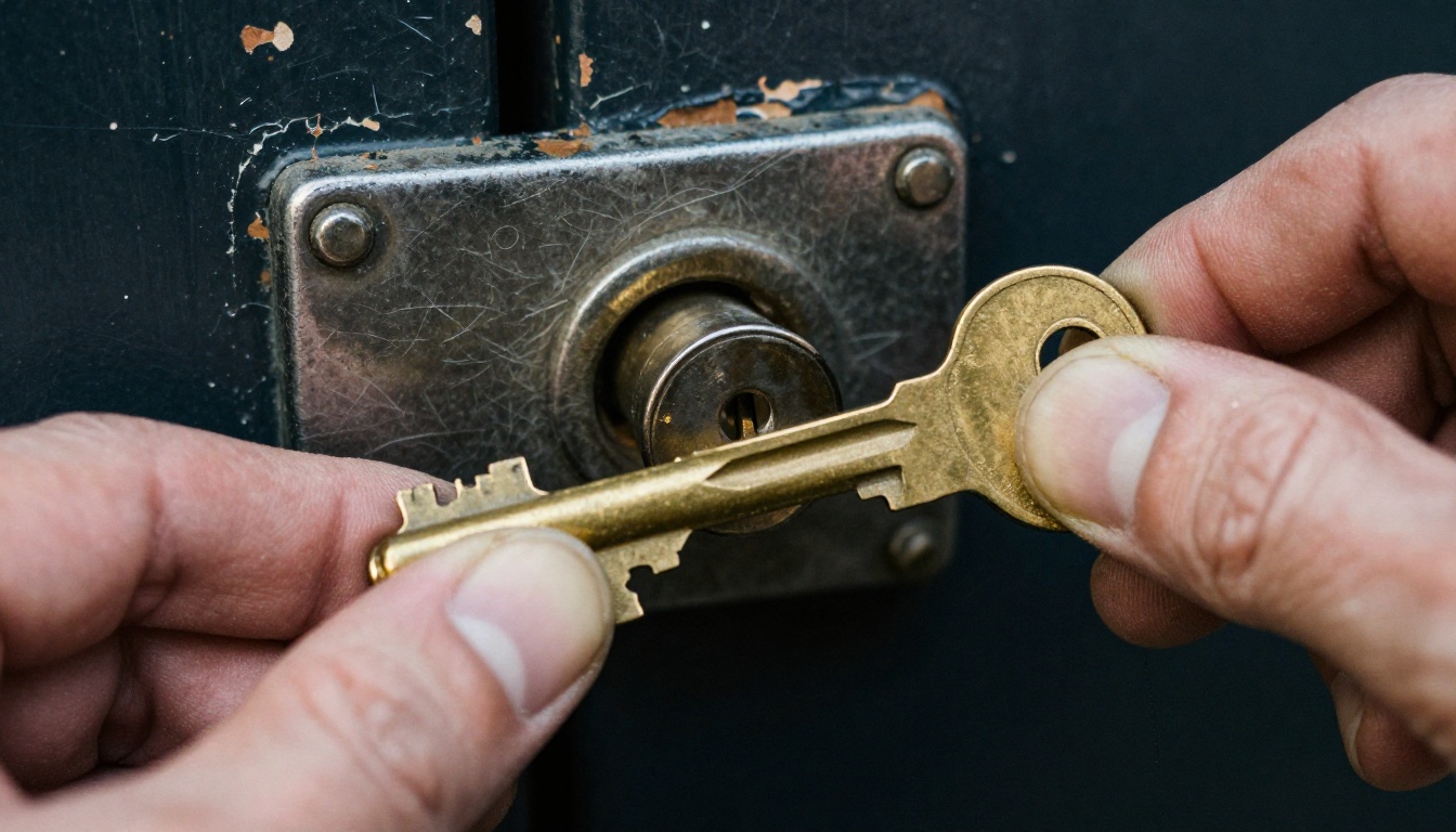 Macro photograph of a hand turning a worn brass piece inside a steel lock on a dark wooden door