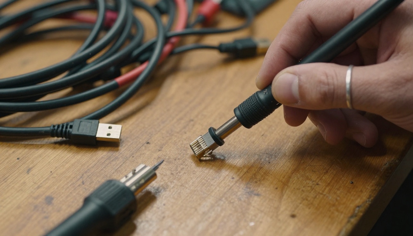 A hand pulling one black cable out of a tangled bundle on a scratched wooden workbench