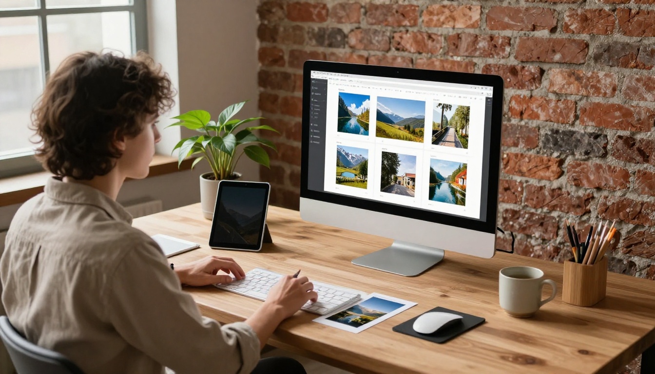 Designer scrolling a grid of landscape photographs on a large monitor in a sunlit loft studio