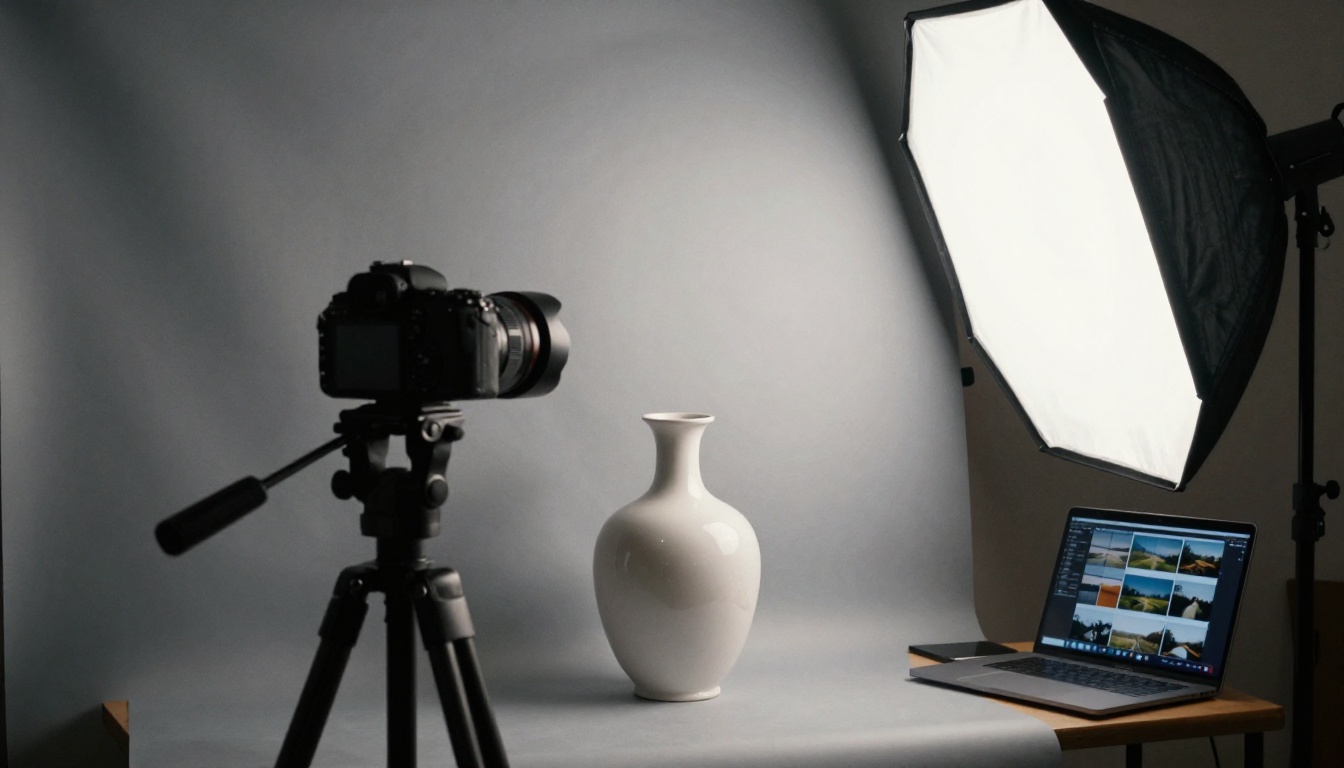 A camera on a tripod facing a white vase on a grey backdrop in a small photo studio