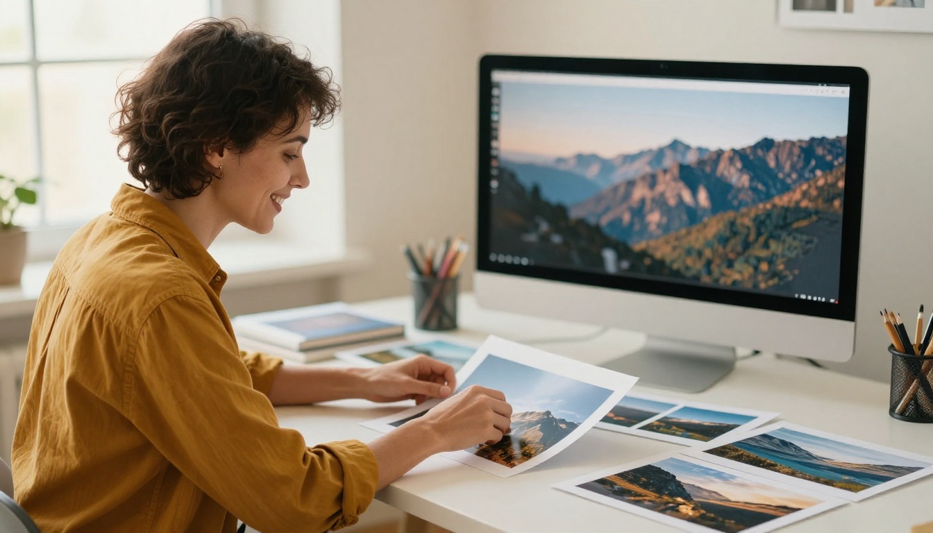 A smiling designer examining printed landscape photographs at a bright studio table