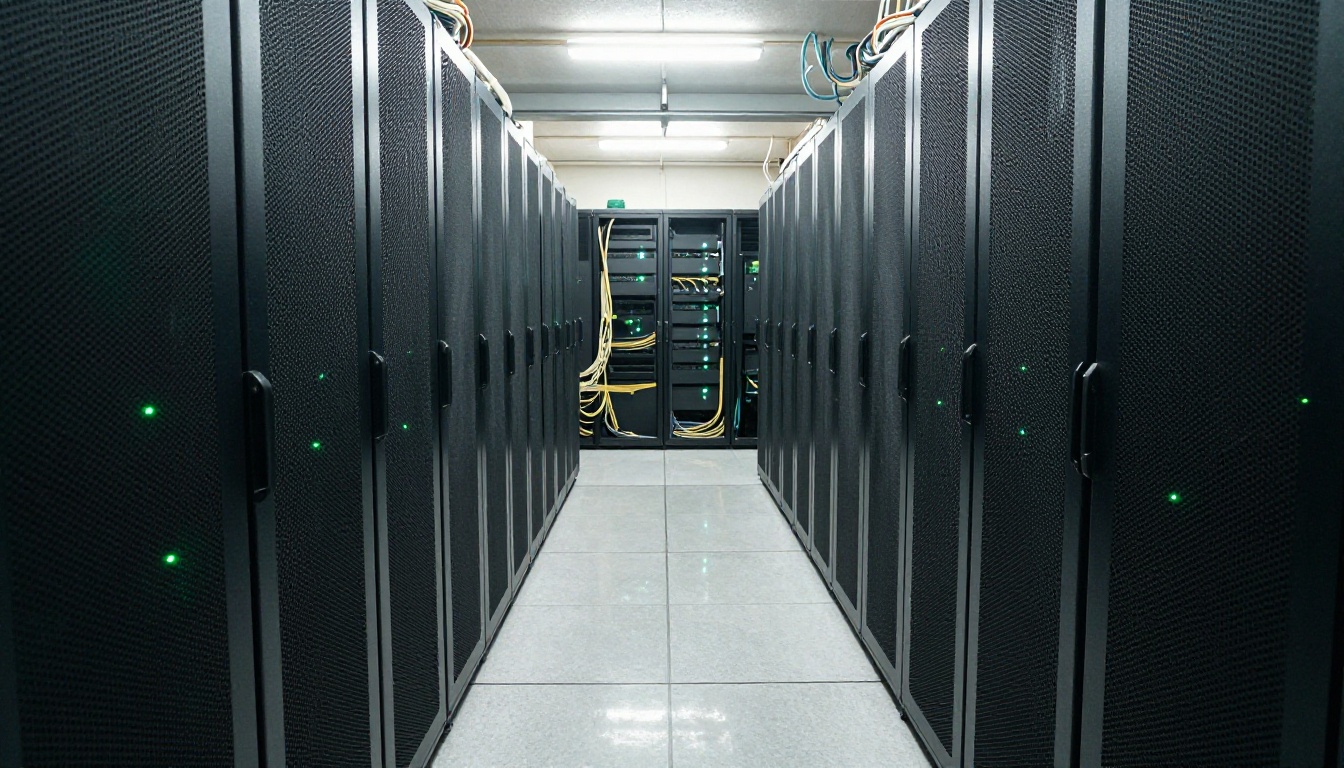A narrow aisle between server racks in a regional data center