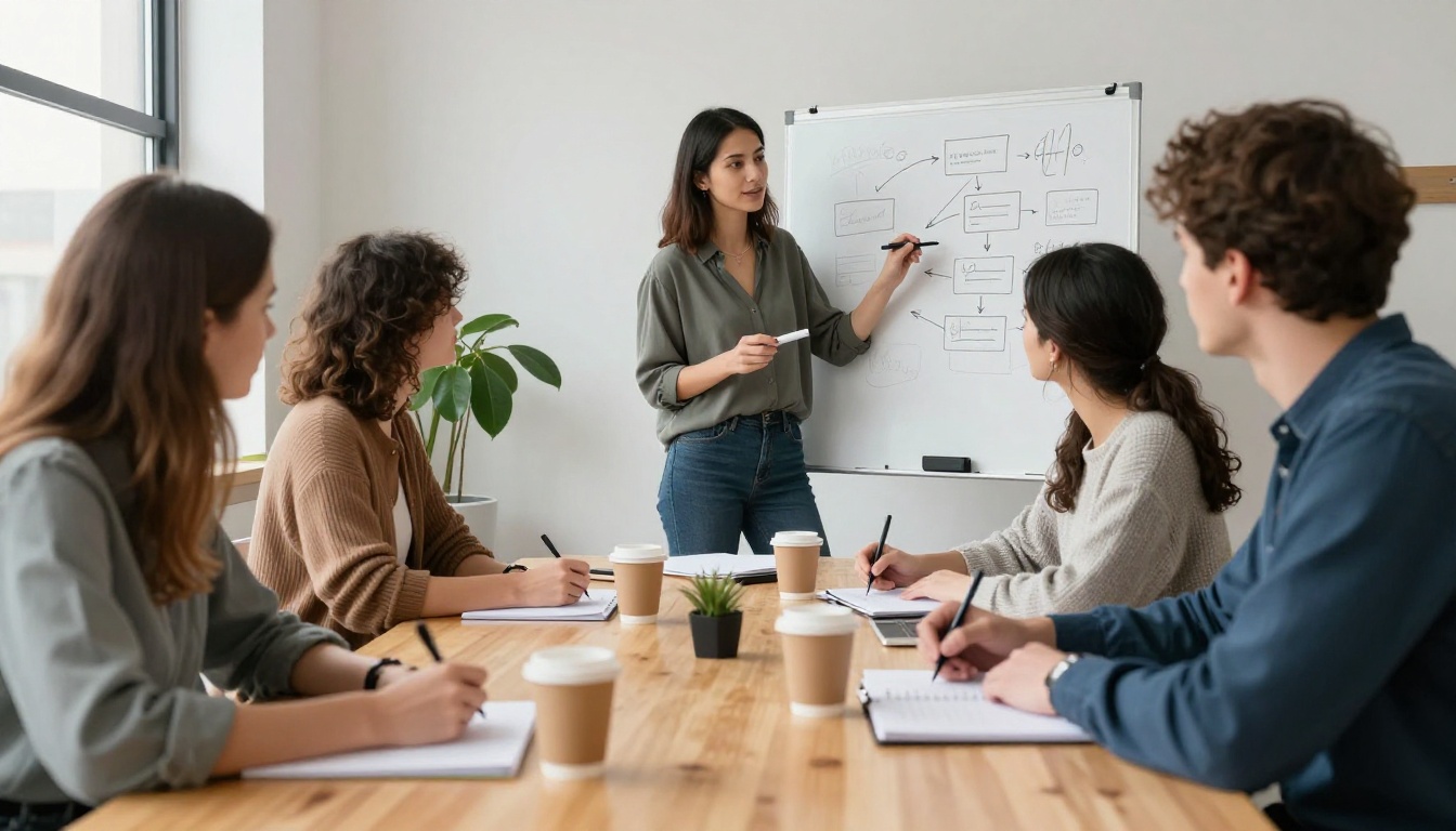 Four colleagues sketching tool diagrams on a whiteboard in a coworking space