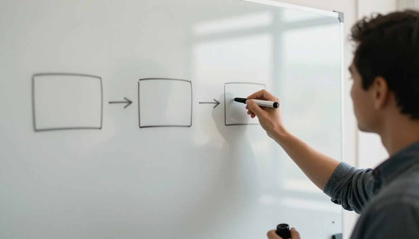 Developer's hands sketching three connected boxes on a glass whiteboard