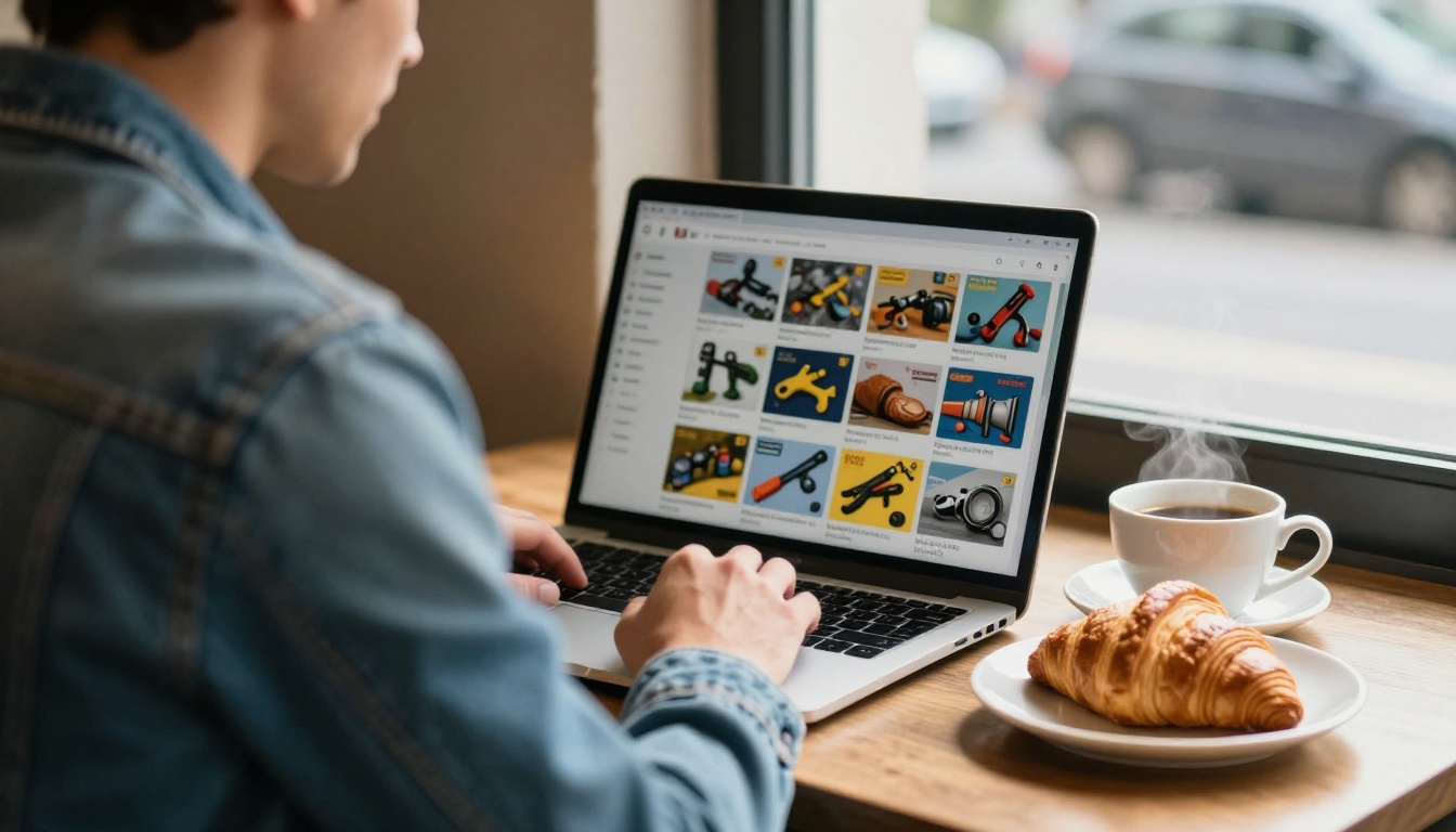 A man browsing a catalog of tool cards on a laptop at a sunny cafe table