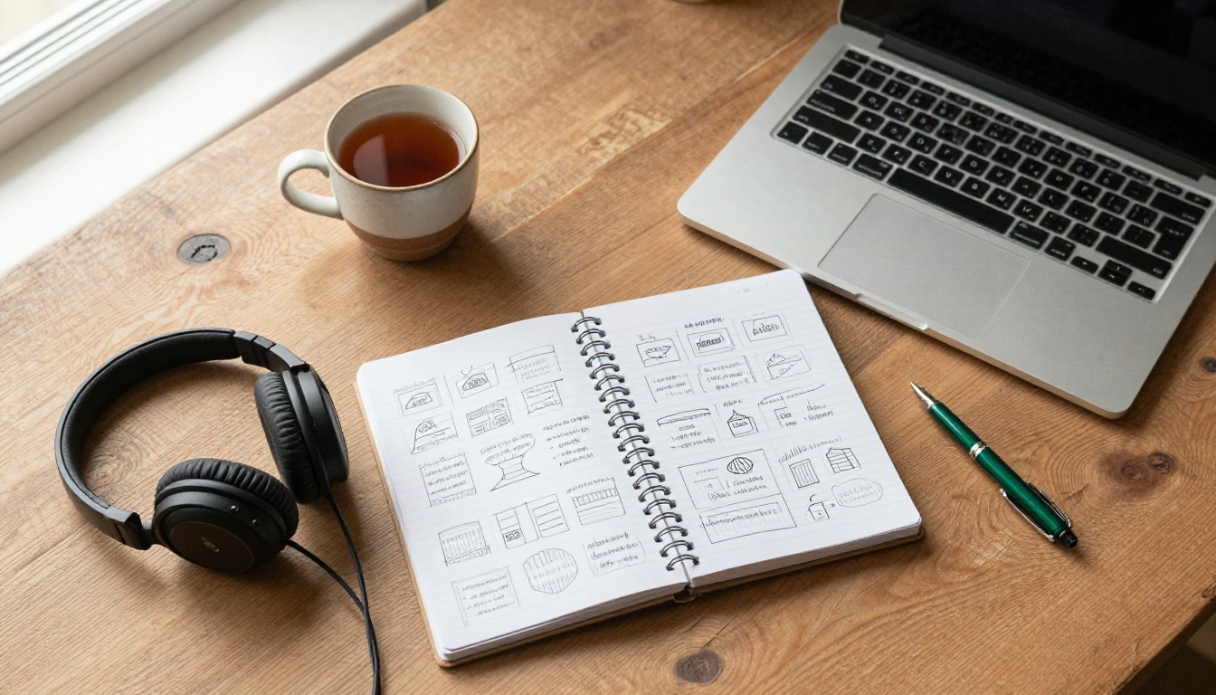 Top-down view of an oak desk with a laptop, notebook and tea