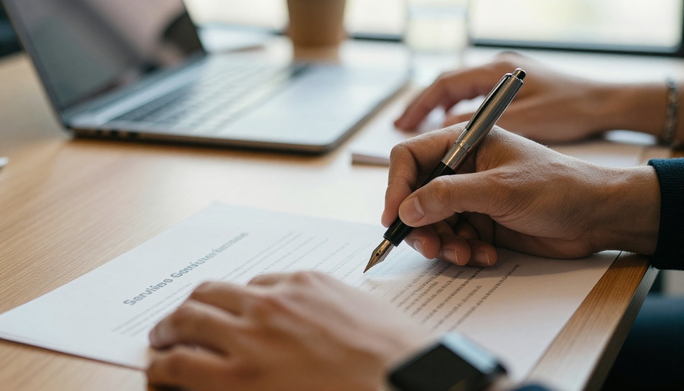 A hand signing a service agreement with a fountain pen at a conference table