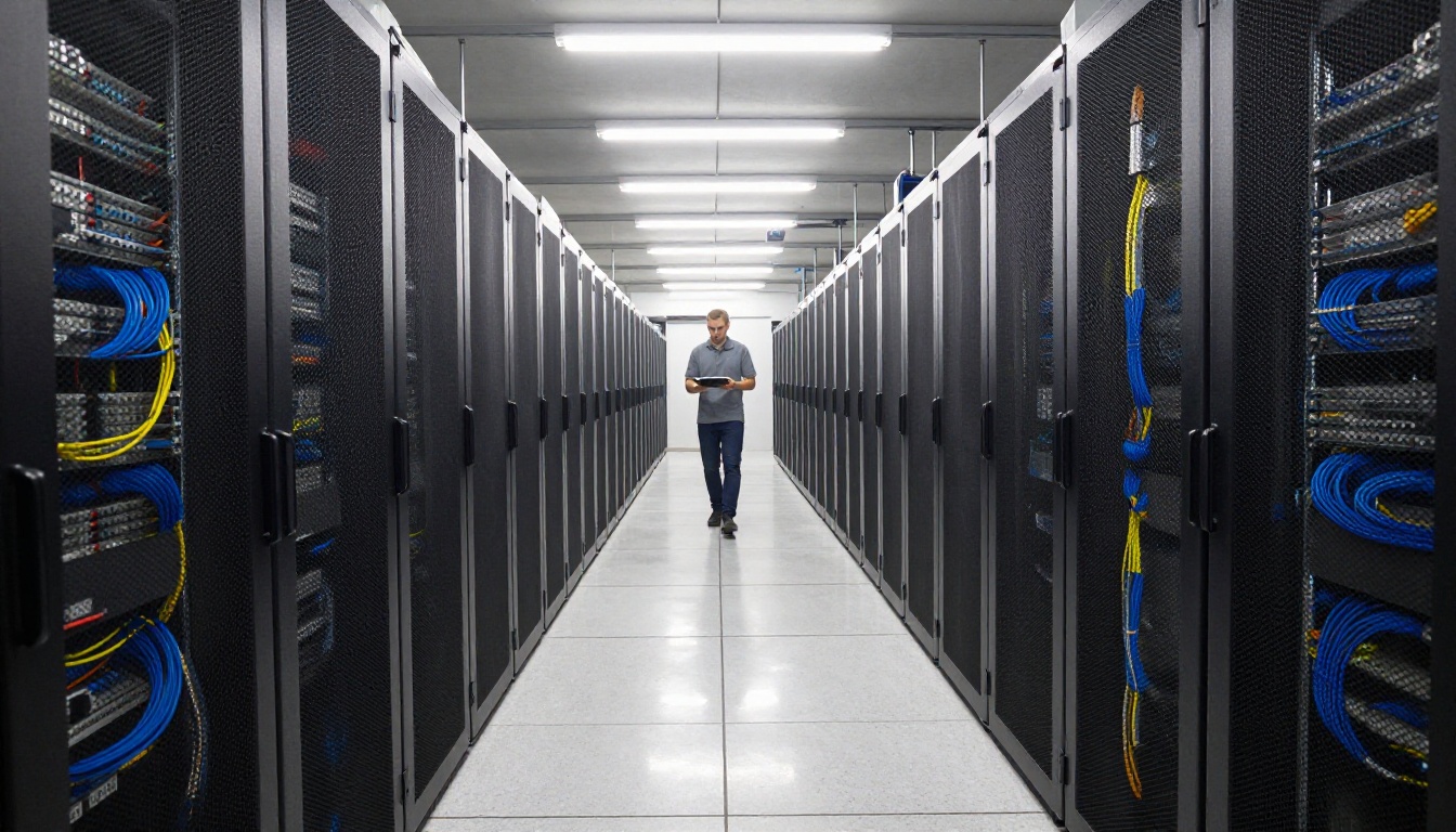 Long aisle of server racks in a data center with a technician walking away