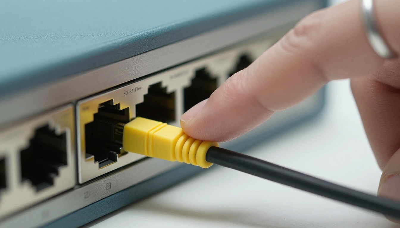 Hand pressing a yellow fiber patch cable into a network switch