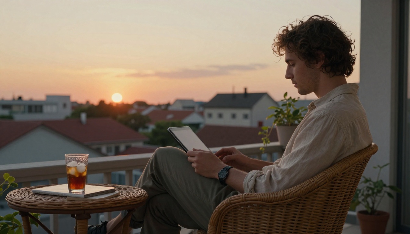 An independent developer relaxing on a balcony at sunset with a tablet