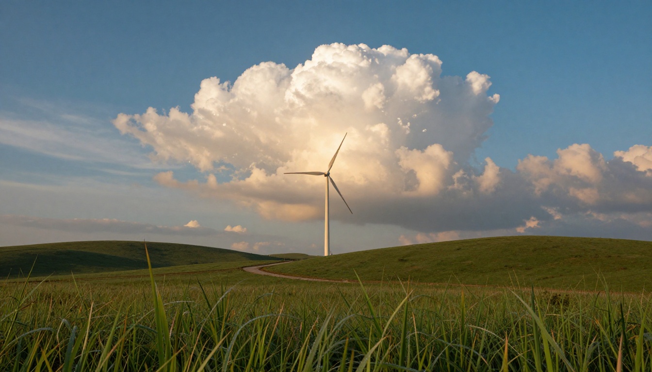 Low-angle view of white clouds over a green hillside with a wind turbine