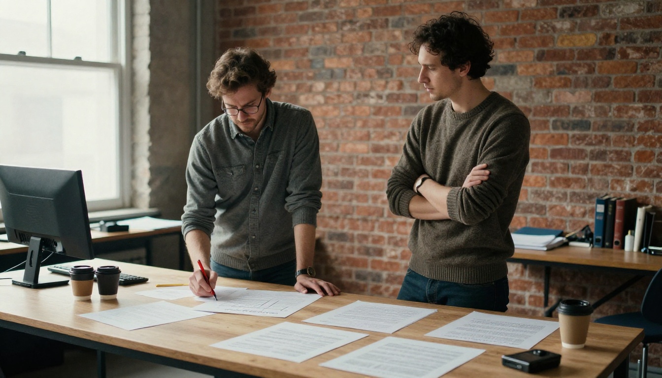 Two engineers comparing printed sheets at a high wooden table