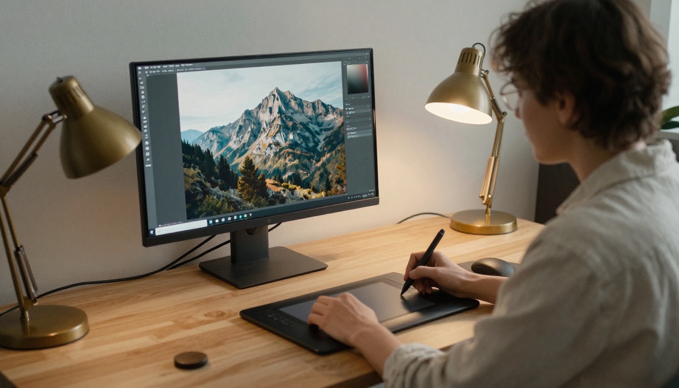 Designer at a wide desk with a monitor showing a mountain photograph