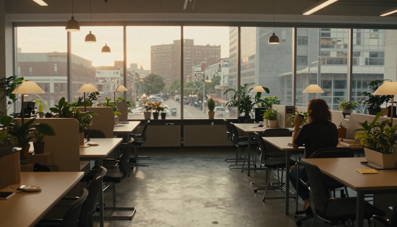 Person at a window table in a quiet co-working space at dusk