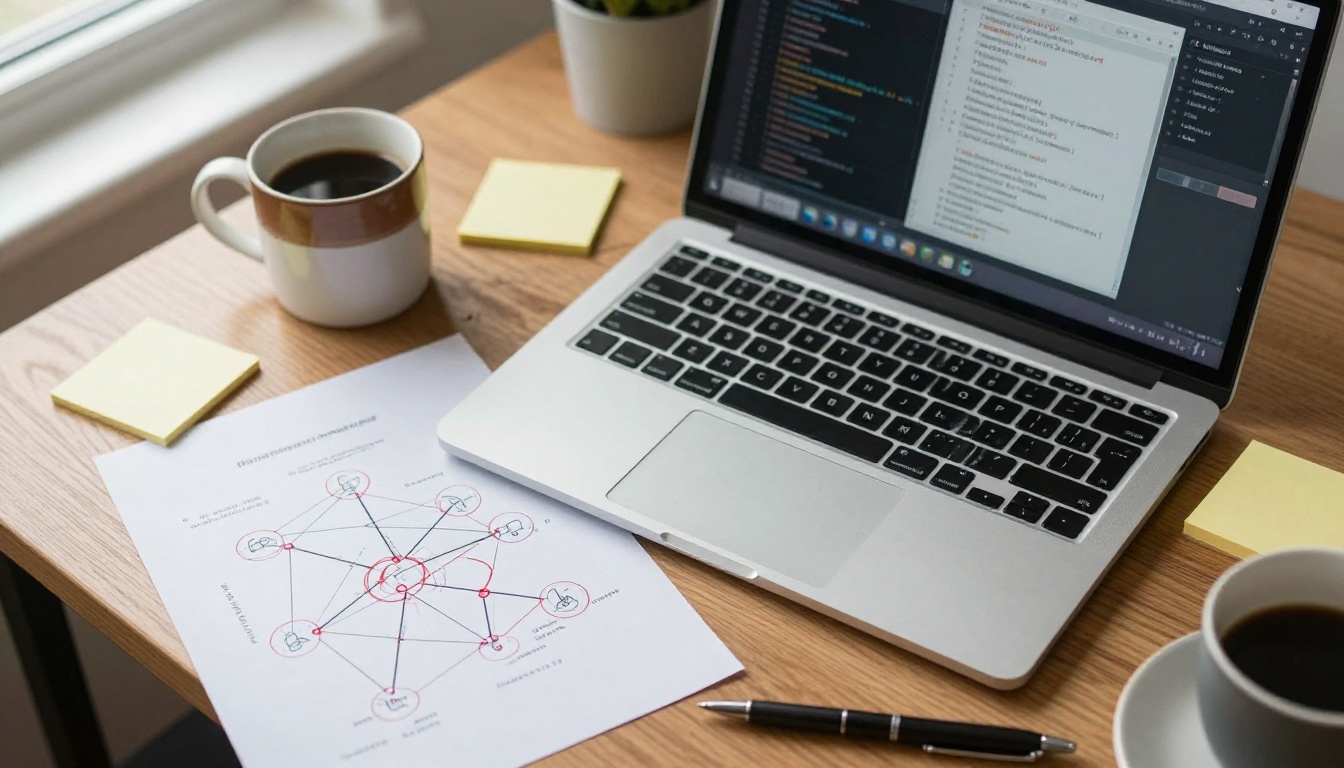 Overhead view of a developer desk with a laptop, a marked-up network diagram and sticky notes
