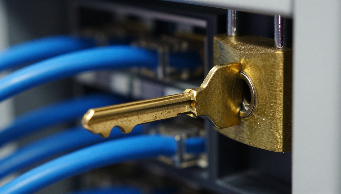 Macro shot of a worn brass padlock on an open server cabinet door