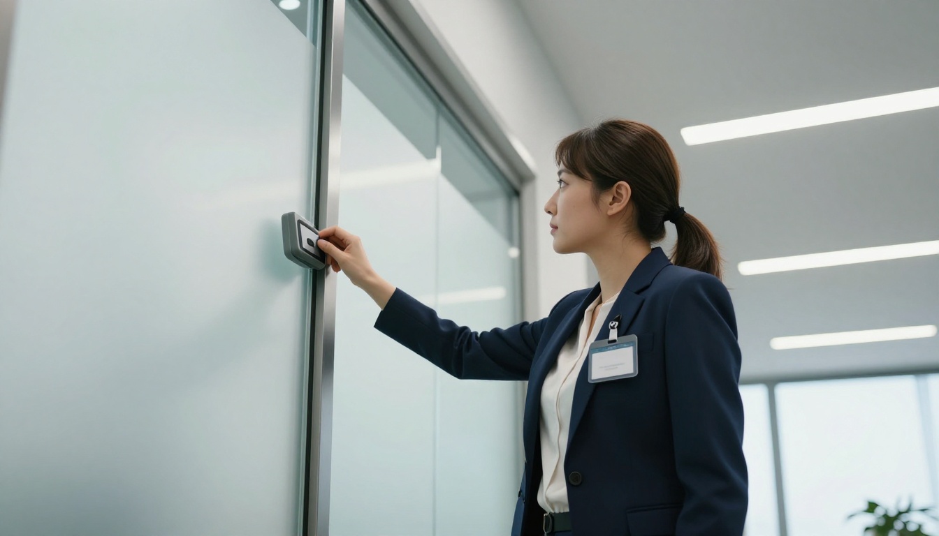 Low-angle view of a woman in a navy blazer tapping a badge on a card reader beside a frosted glass door