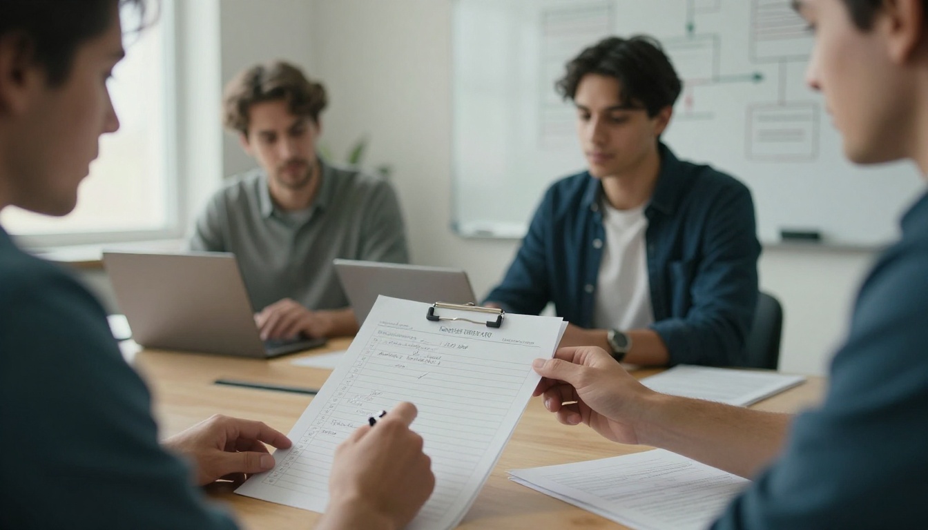 Three colleagues around a wooden table reviewing a printed checklist with handwritten ticks