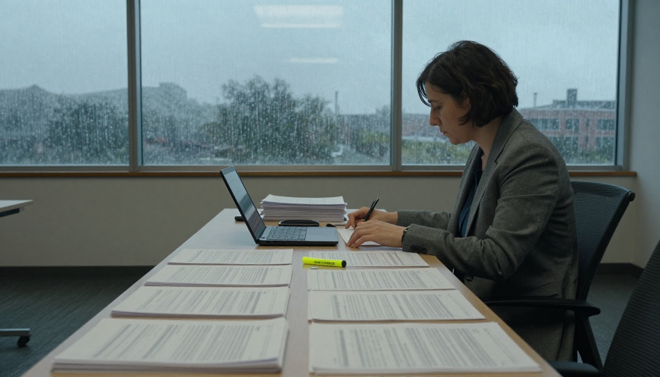 Auditor in a grey blazer at a long conference table piled with stacks of printed log sheets