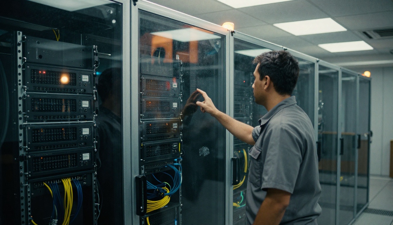 Technician walking beside a glass-walled server cage with black racks visible through the glass
