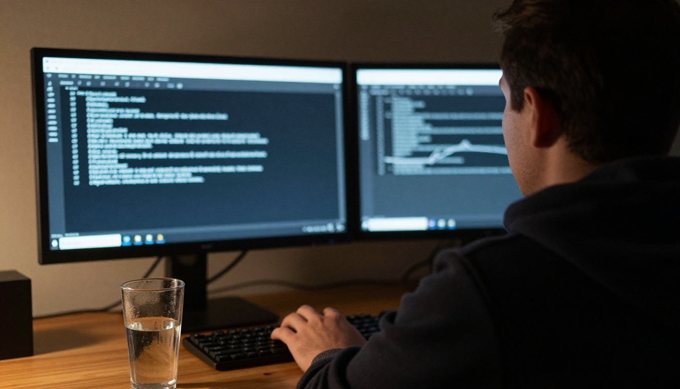 Security analyst seen from behind watching two monitors with dark terminal windows in a quiet room