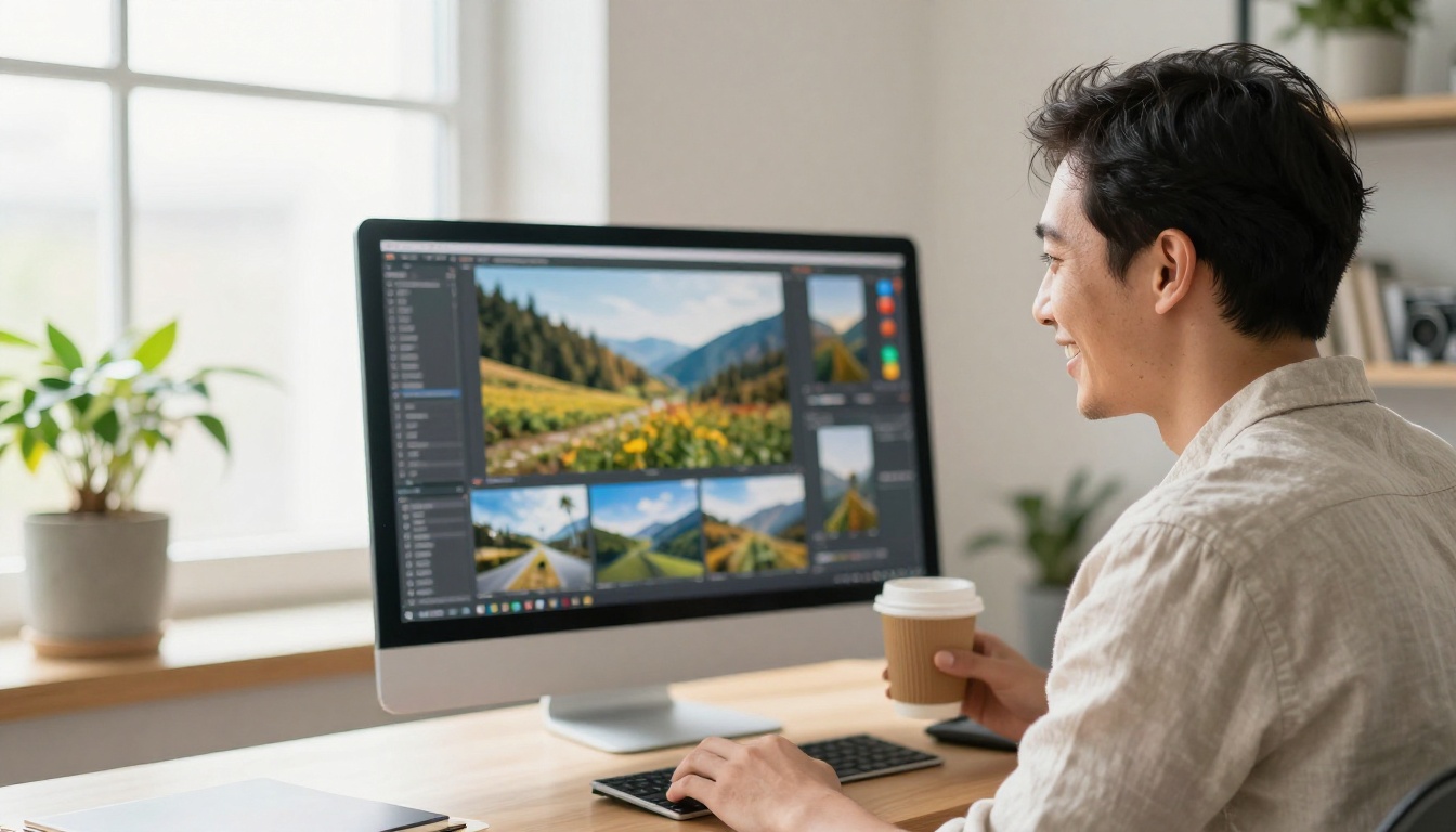 Smiling photo editor in a bright studio loft reviewing photorealistic pictures on a wall-mounted monitor