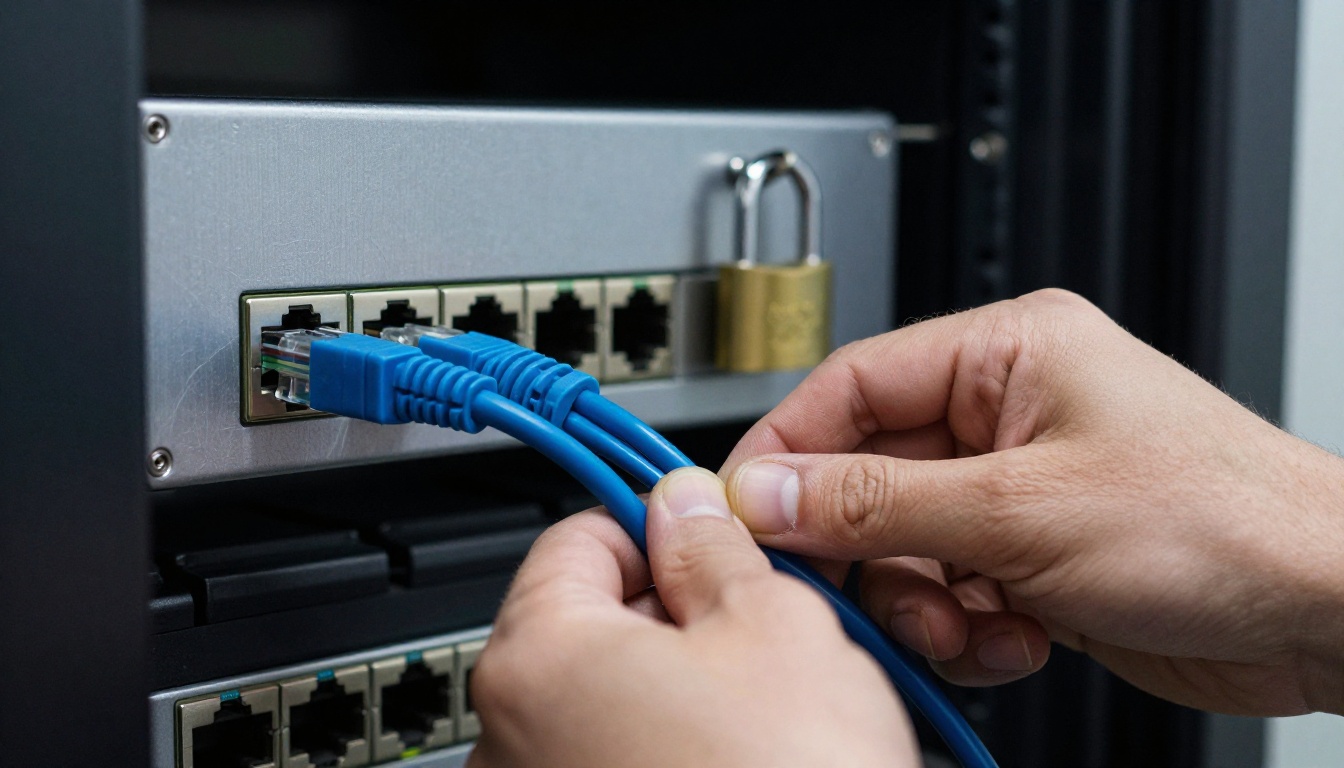 Hand pulling a blue Ethernet cable from a network switch beside an open brass padlock on a server rack