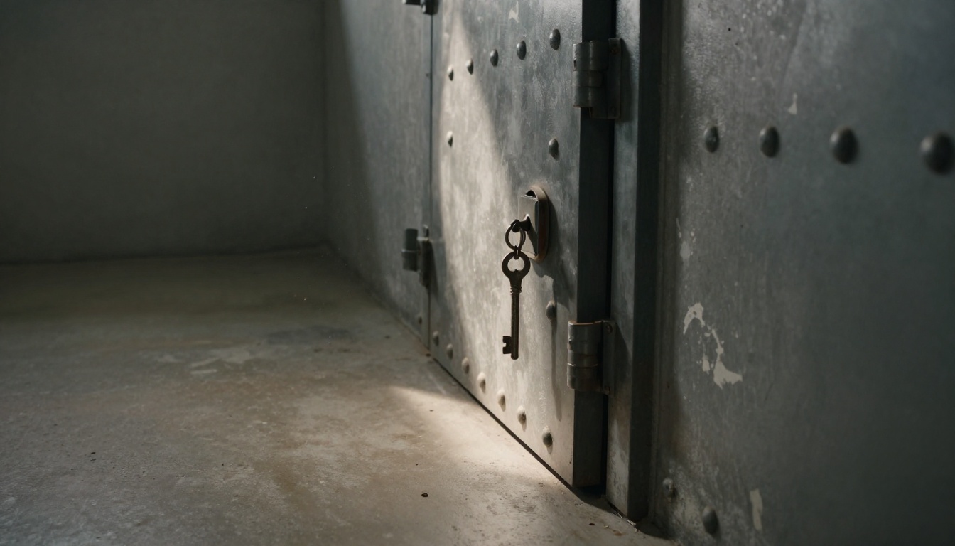Heavy steel vault door standing ajar with an old iron lock left hanging open at the end of a concrete corridor