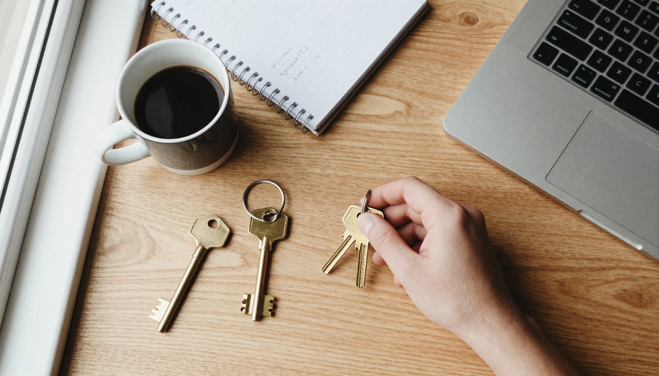 Developer's hand reaching for a ring of mismatched brass fobs on a cluttered desk seen from above