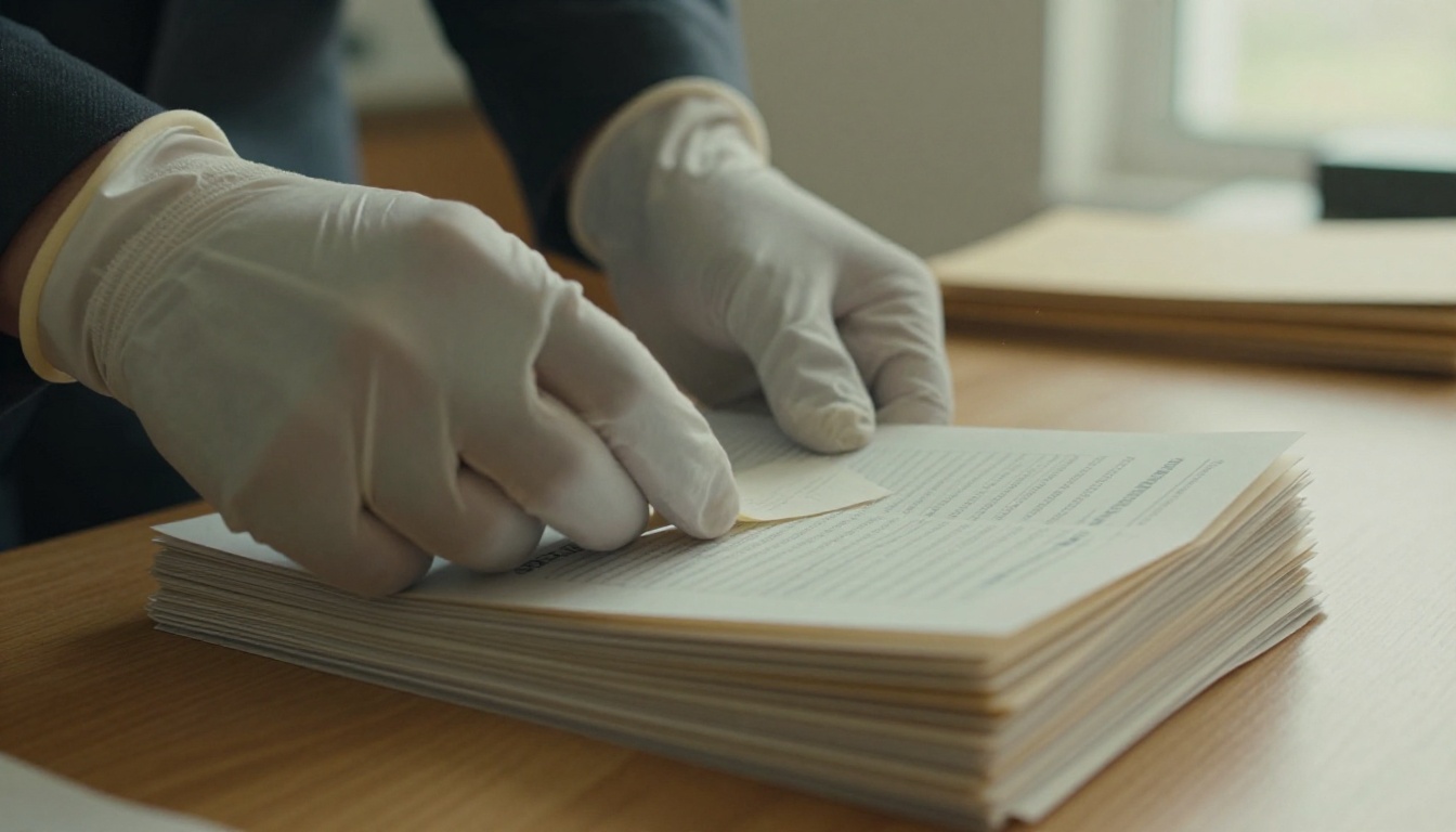 Gloved hand slipping a folded note into a neat stack of official forms on a mail sorting table