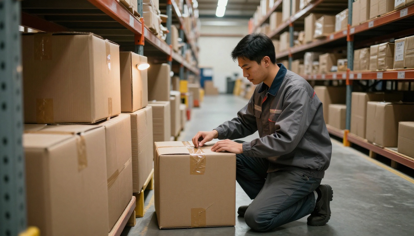 Worker kneeling in a warehouse aisle inspecting a parcel whose packing tape has been torn and re-sealed
