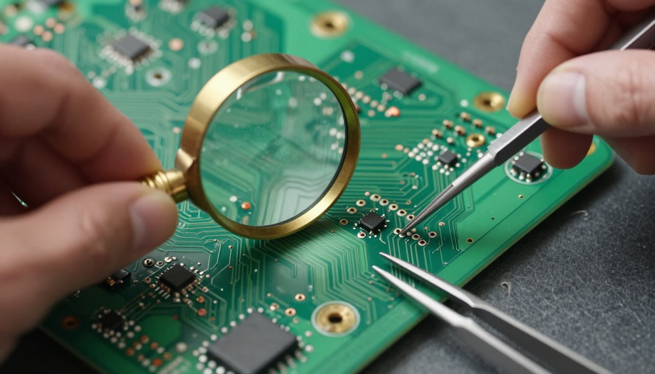 Inspector holding a brass magnifying glass over a circuit board with one component slightly out of place