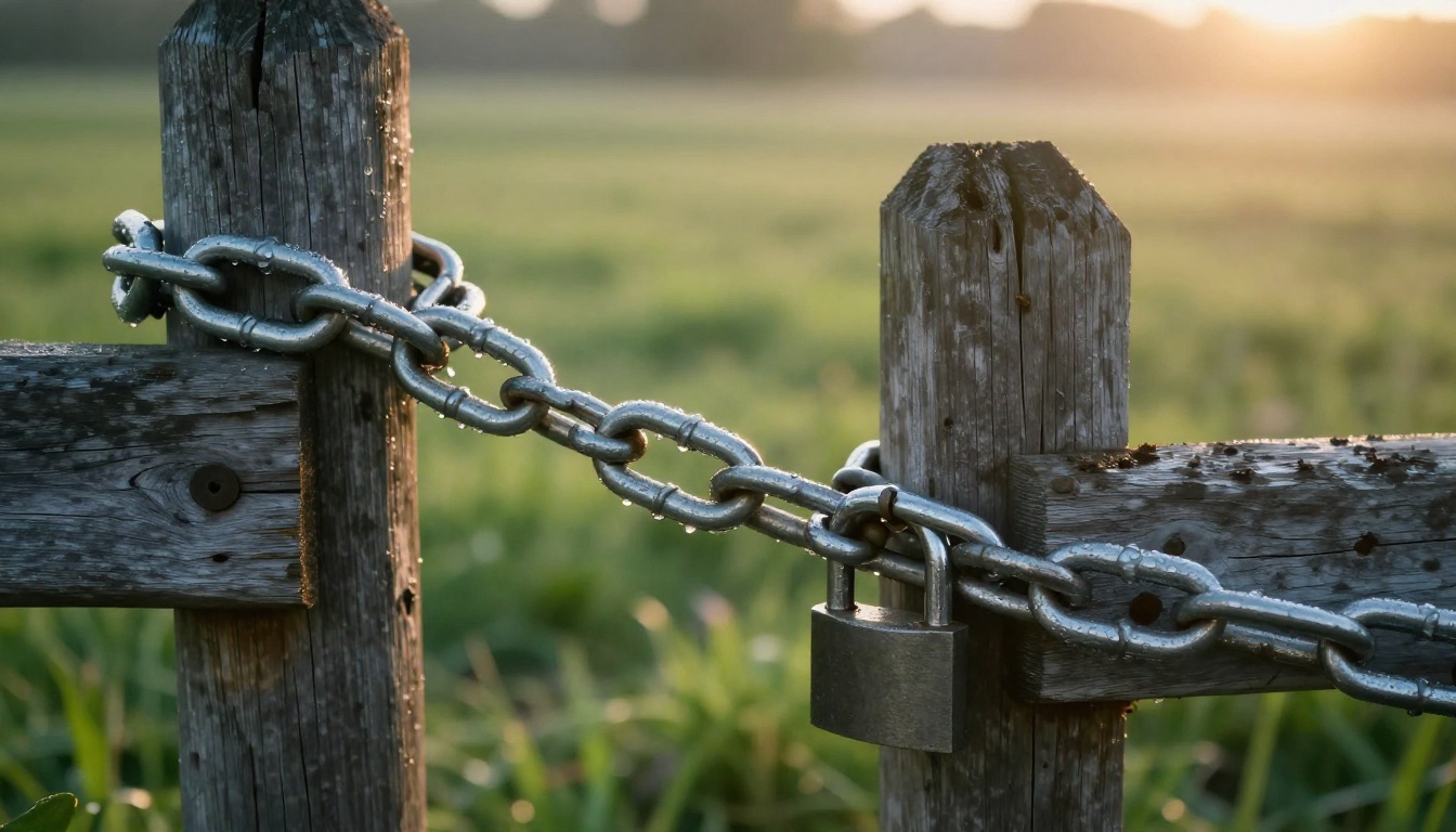 Heavy galvanized chain wrapped around an old wooden gate and closed with a new steel padlock at sunrise