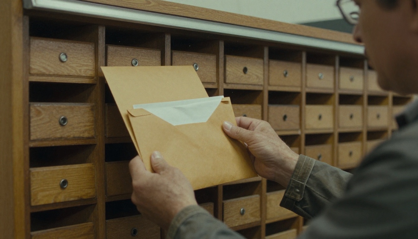 A postal sorter holding an envelope up to the window with a second folded sheet tucked inside the seam