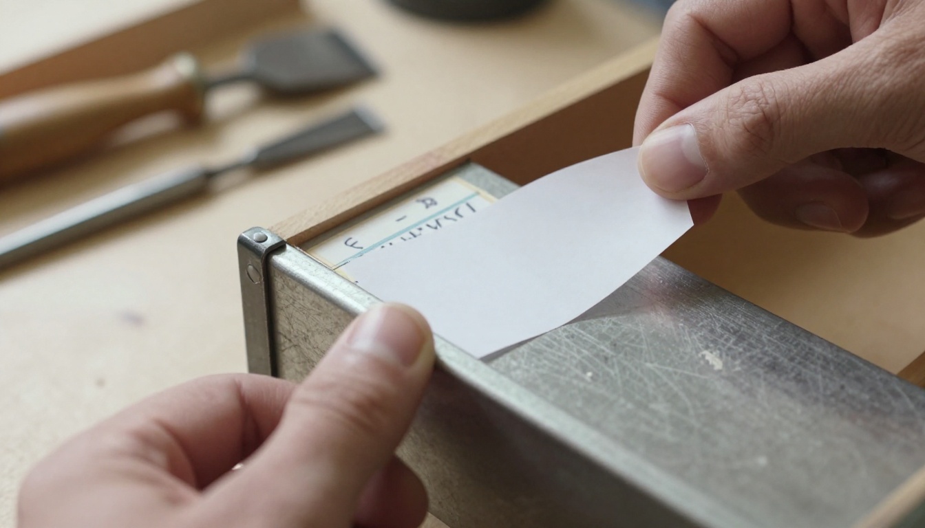 A craftsman's thumb peeling back a blank label on a steel toolbox drawer to reveal a handwritten label underneath