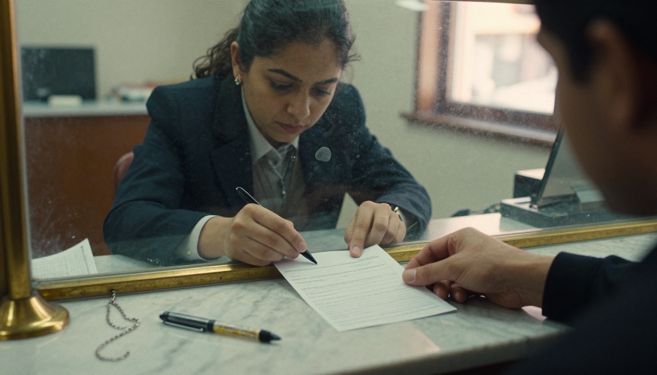 A bank teller studying a handwritten slip slid across a marble counter by a customer's hand
