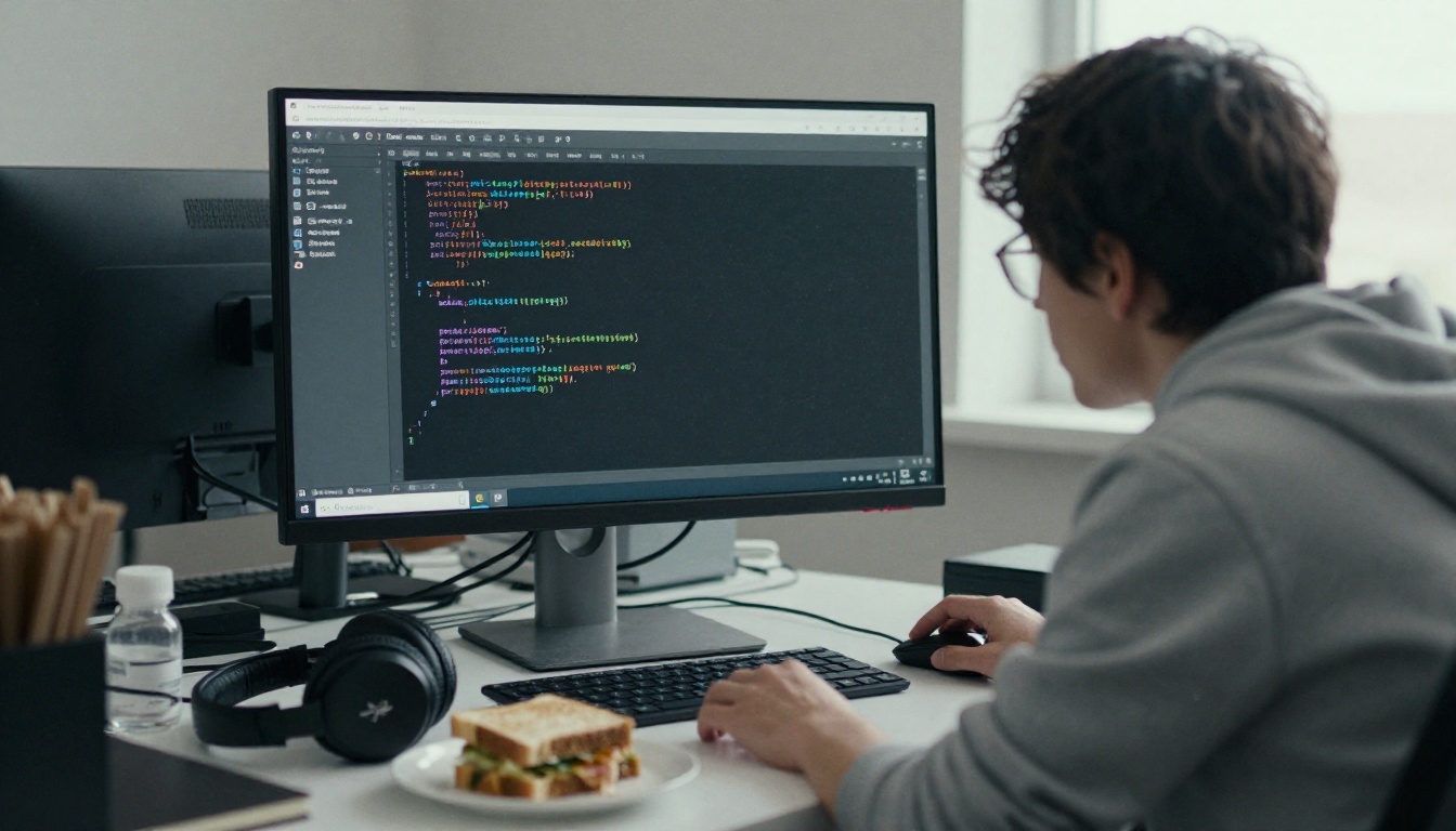 A developer in a gray hoodie leaning toward a monitor full of ordinary code at a cluttered desk