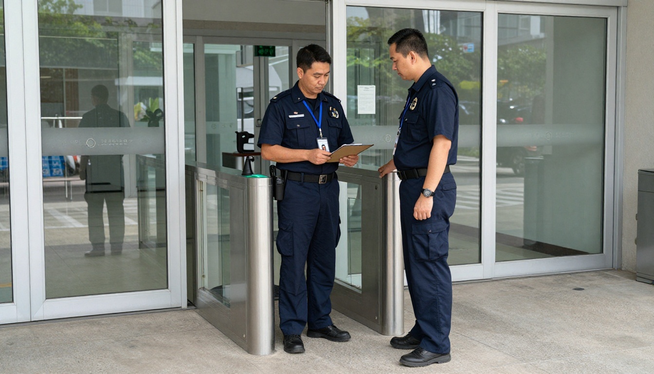 A security guard in a navy uniform checking a visitor's badge at a lobby turnstile