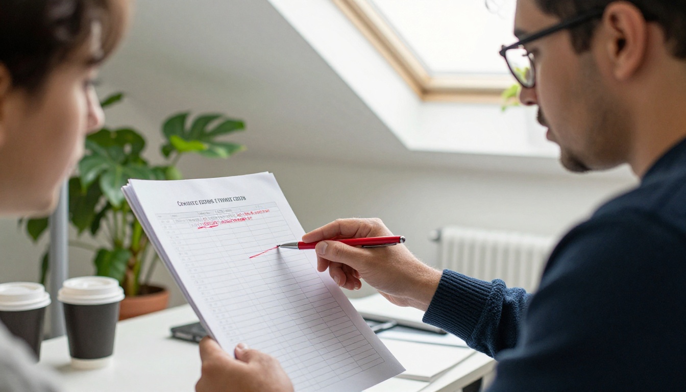 Two engineers reviewing a printed checklist with a red pen at a standing desk
